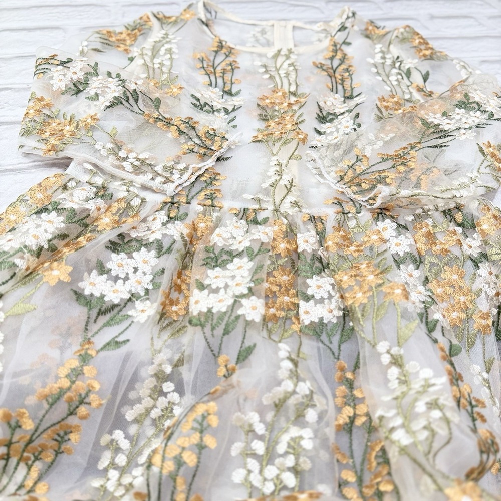 Vtg Metisu Embroidered Dress Sz XL Beige Floral Fairy Cottage Core Boho Feminine - Picture 15 of 16